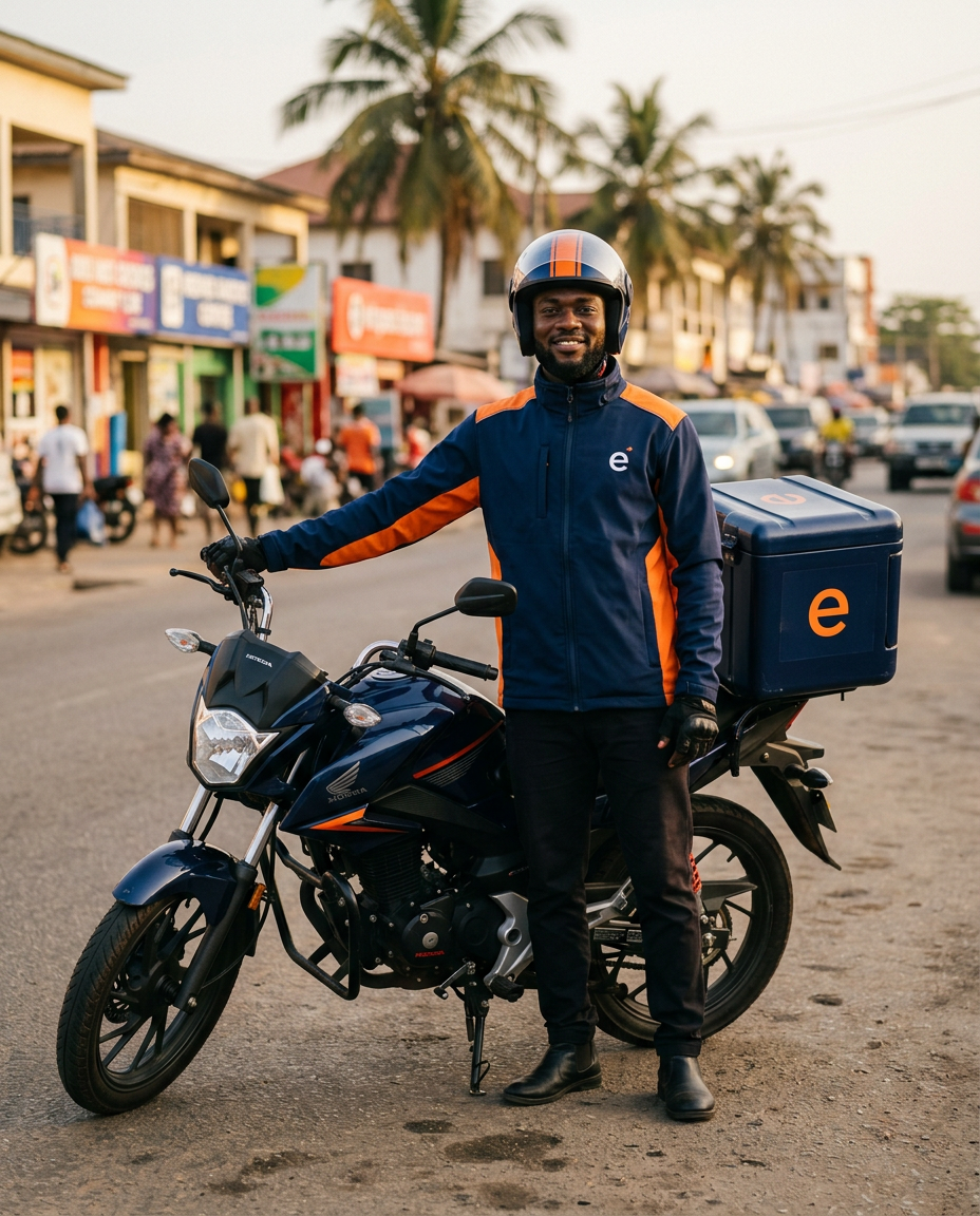 An ENTEM courier in a navy and orange uniform beside a motorcycle with a branded delivery box